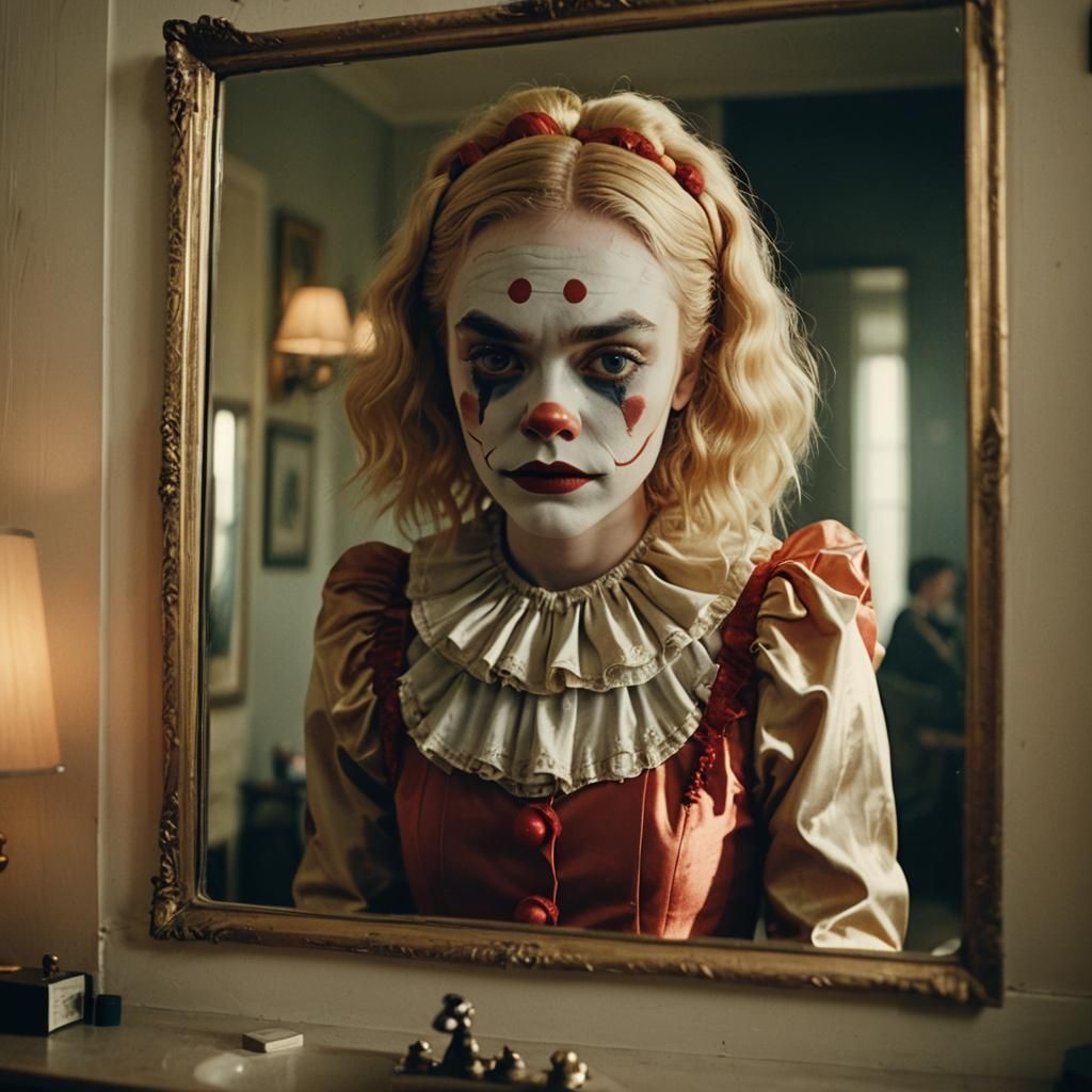 Clown Makeup Reflection in Film Noir Style