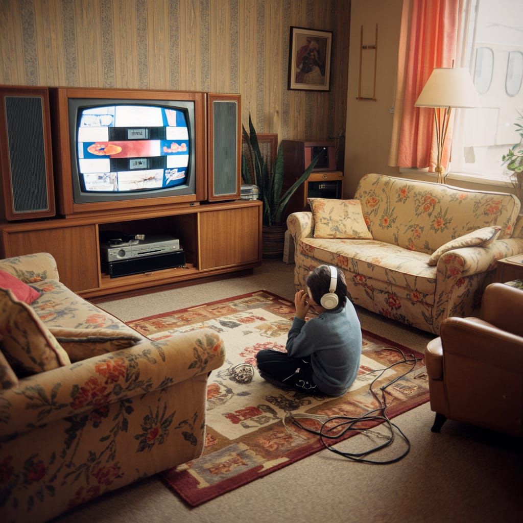 Vibrant 80s Living Room Scene with Retro Tech