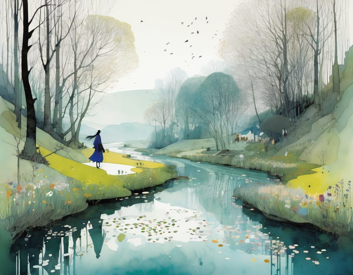 Spring River Landscape in Illustrative Fantasy Style