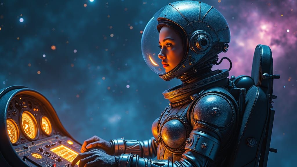 Female Space Warrior in Nebula with Hyperdetailed Suit