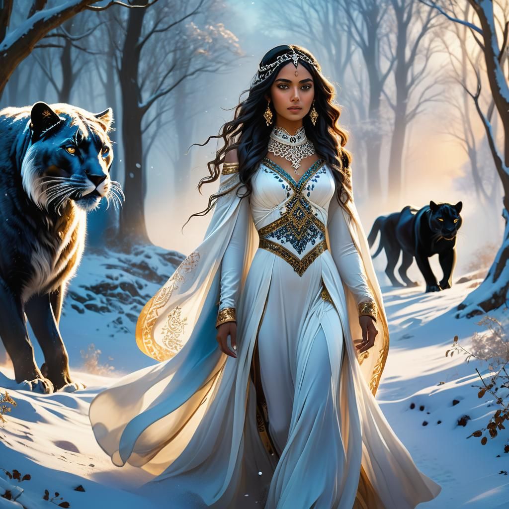 Arabian Girl and Panther in Snowy Woods