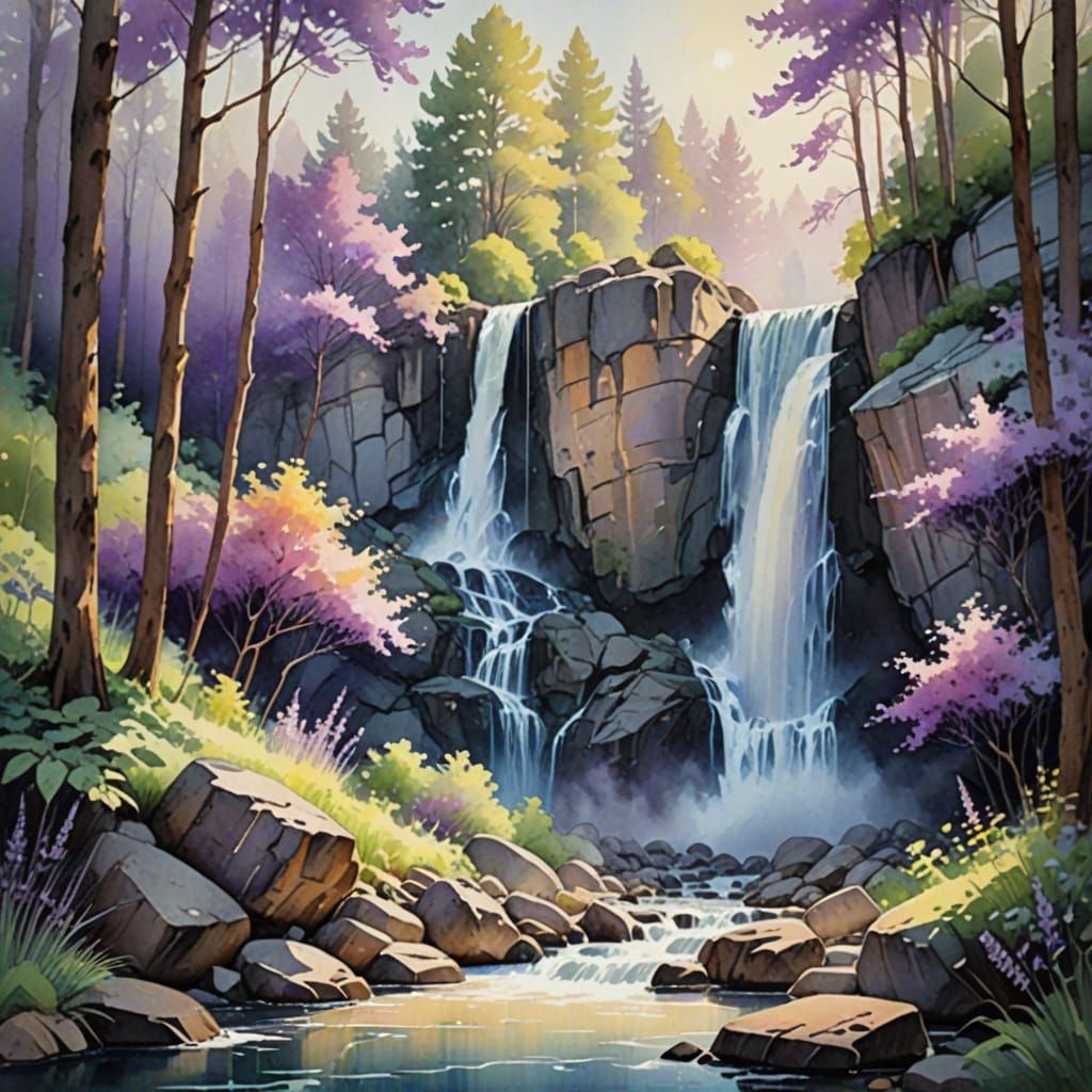 Whimsical Waterfall Scene in Vibrant Purple Hues