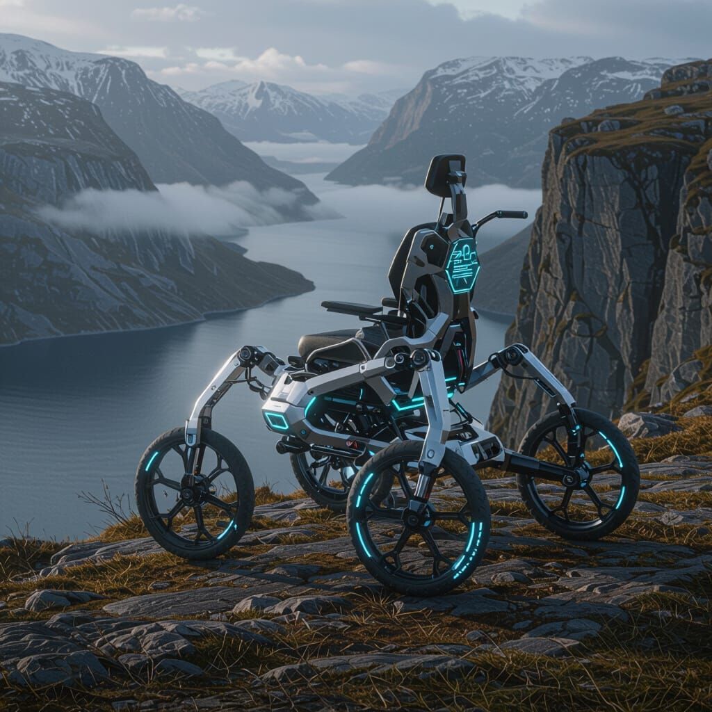 Futuristic Spider Wheelchair on Norwegian Cliff