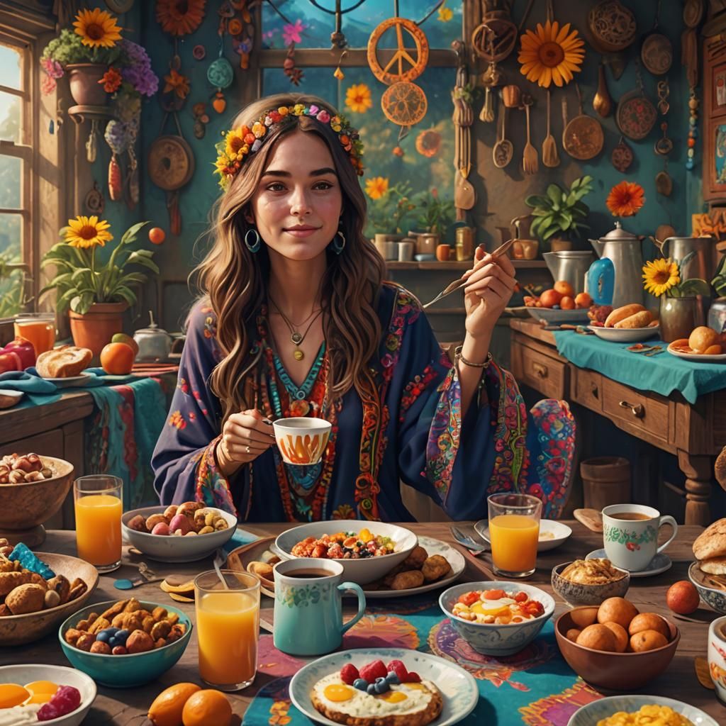 Woman Enjoys Breakfast with Hippie 60s Vibe