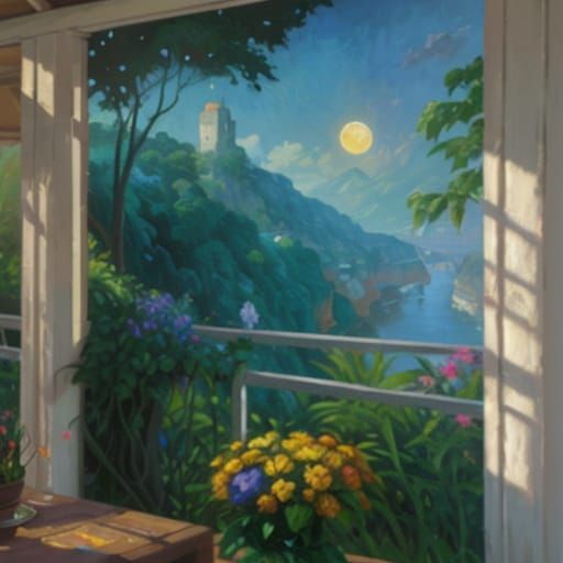 Cliffside Cottage in Jungle, Neo-Impressionist Comic Style