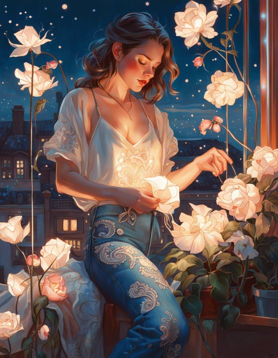 Woman Embroidering Flower on Jeans, Digital Art