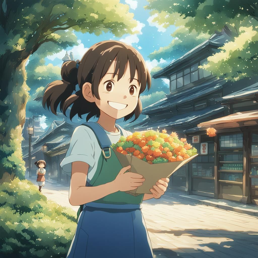 Smiling Girl with Thank You Sign in Anime Style