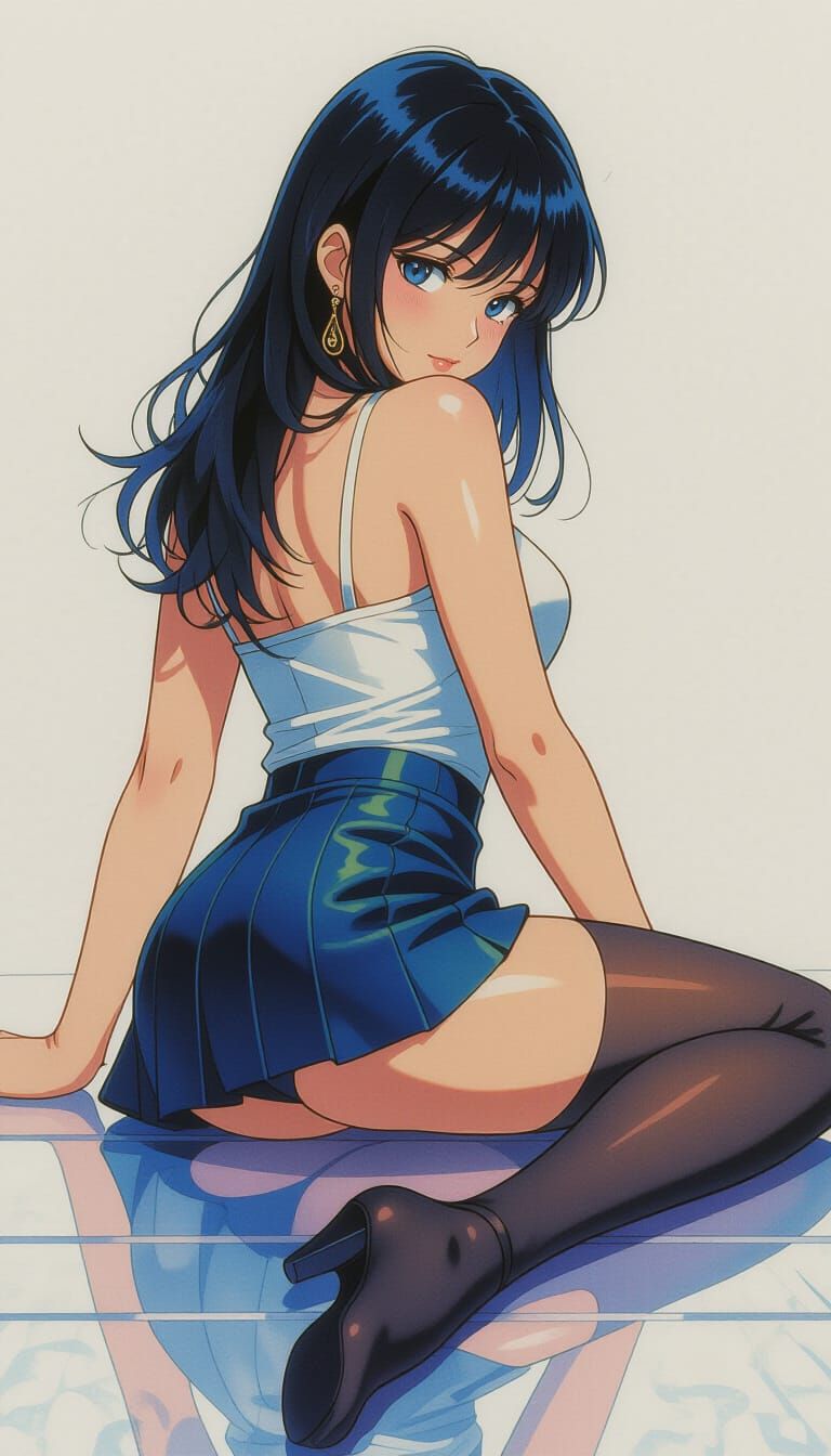 Anime Woman in Sheer Pantyhose Glancing Back