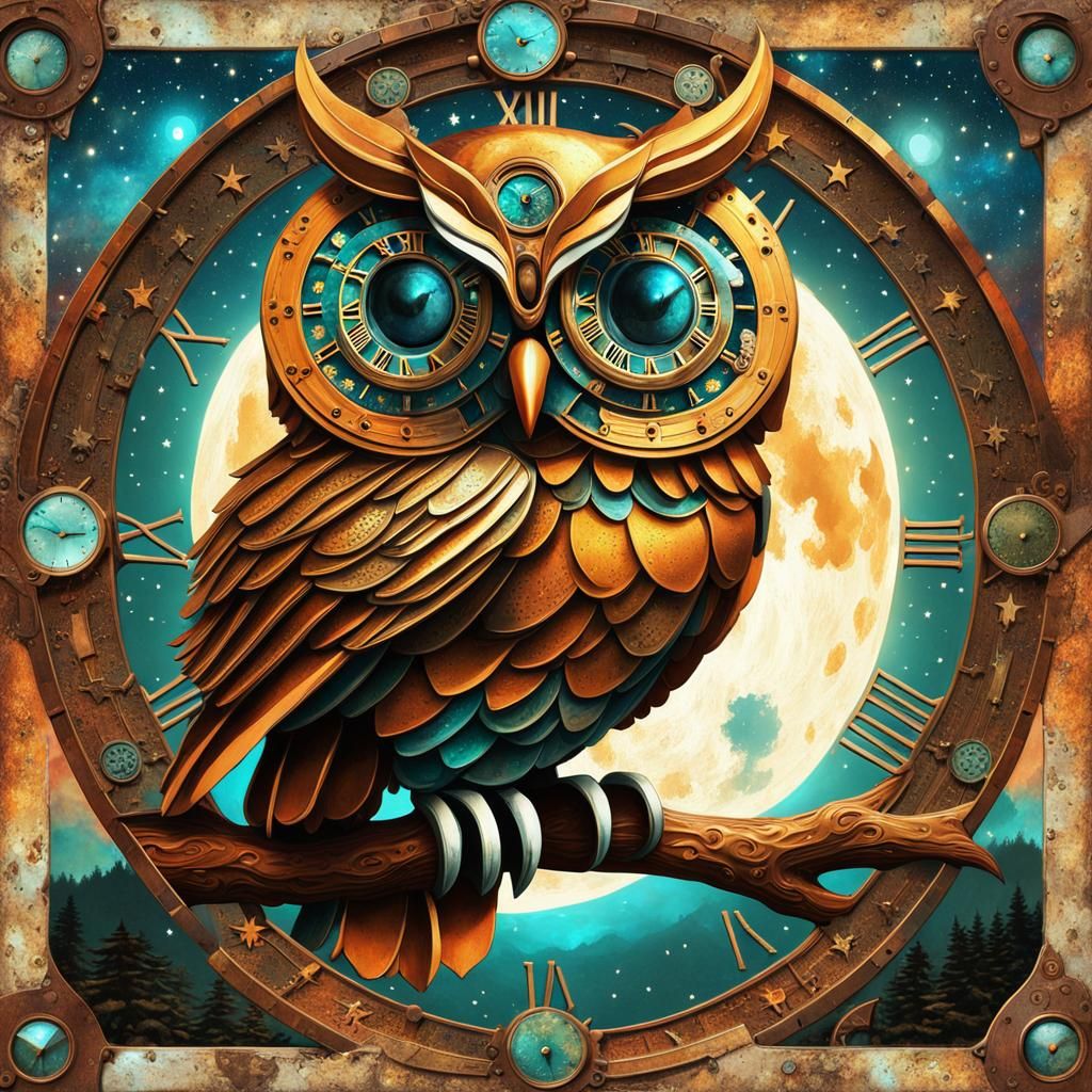 Steampunk Clockwork Owl in Starry Forest