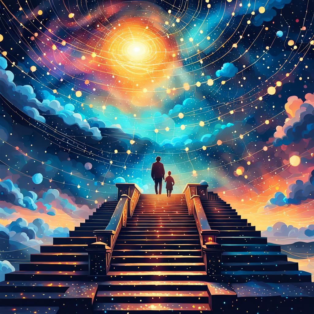 Father and Son on Staircase: Abstract Oil Pastel Painting