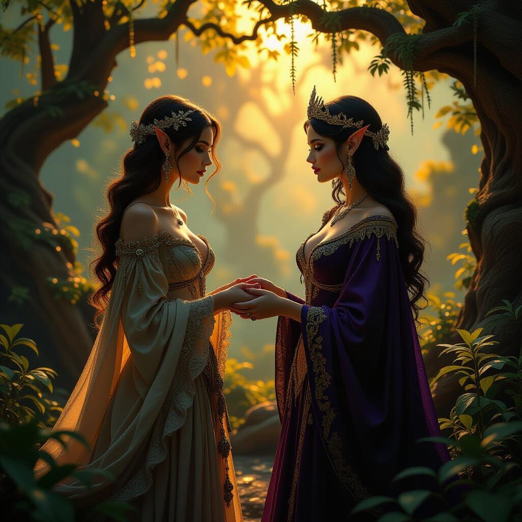 Fantasy Women Meet in Ancient Forest, Art Nouveau Style