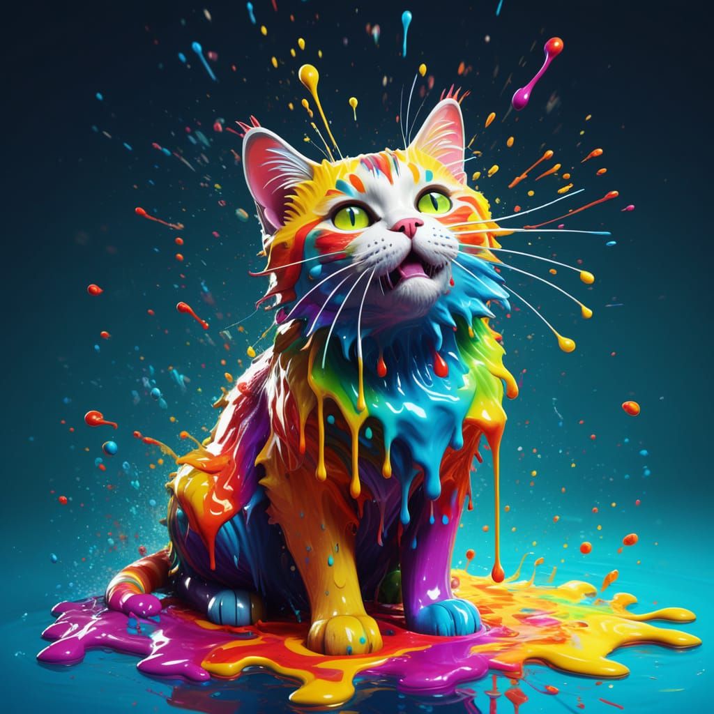 Vibrant Cat Melts into Liquid Rainbow Hues