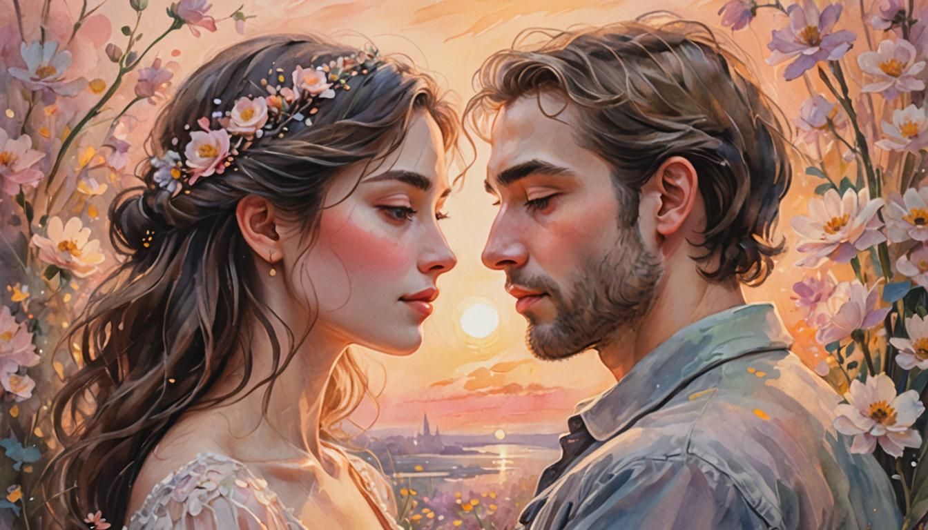 Romantic Couple Portrait in Watercolor Style