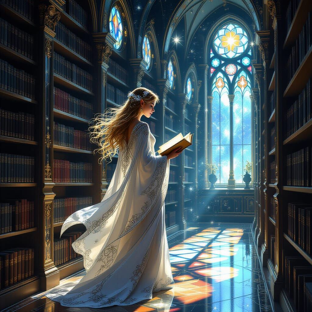 Elven Librarian in Celestial Library, Art Nouveau Style