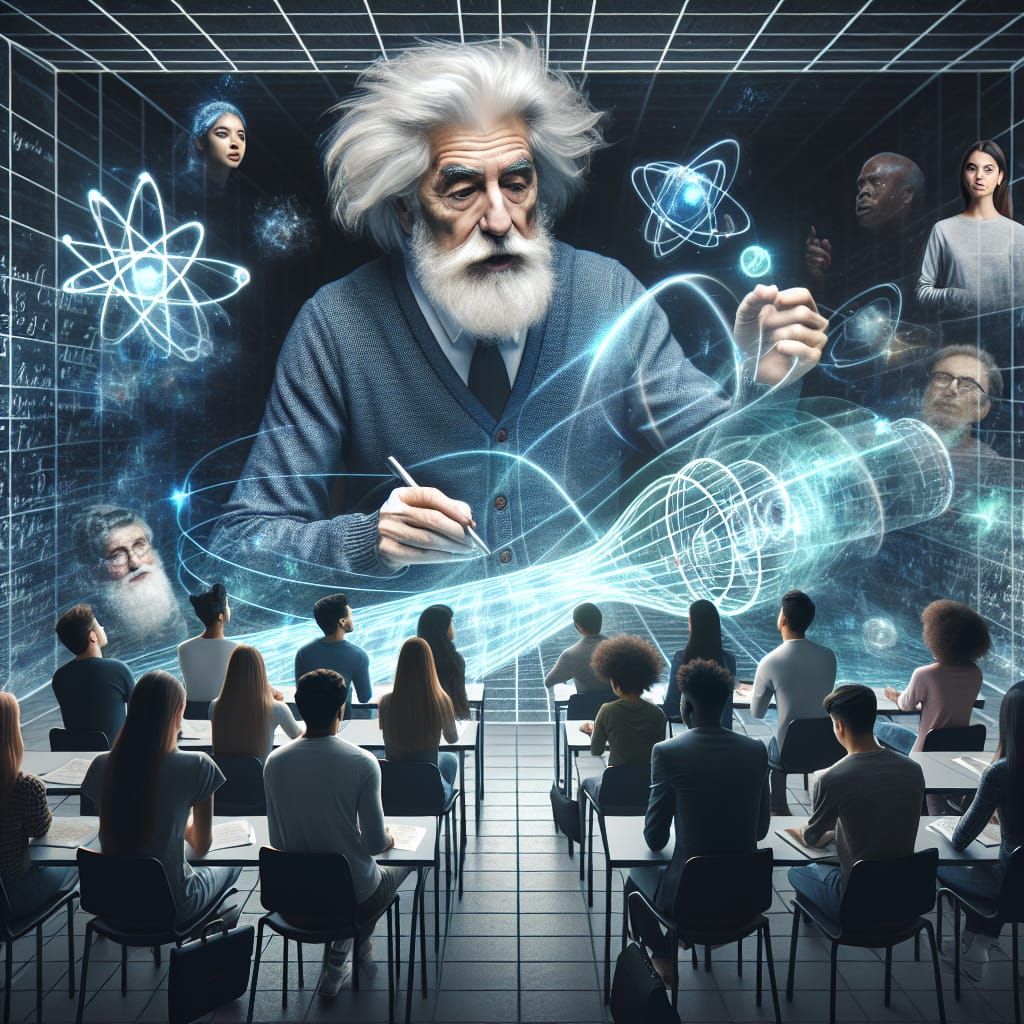 A hologram of Albert Einstein teaching a future class about relativity
