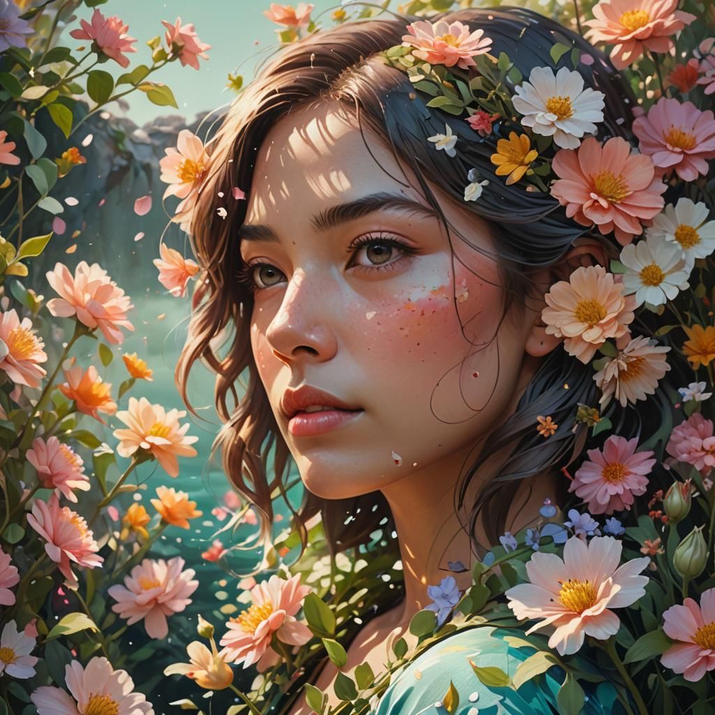 Woman in a Sea of Flowers: Splash Art Portrait