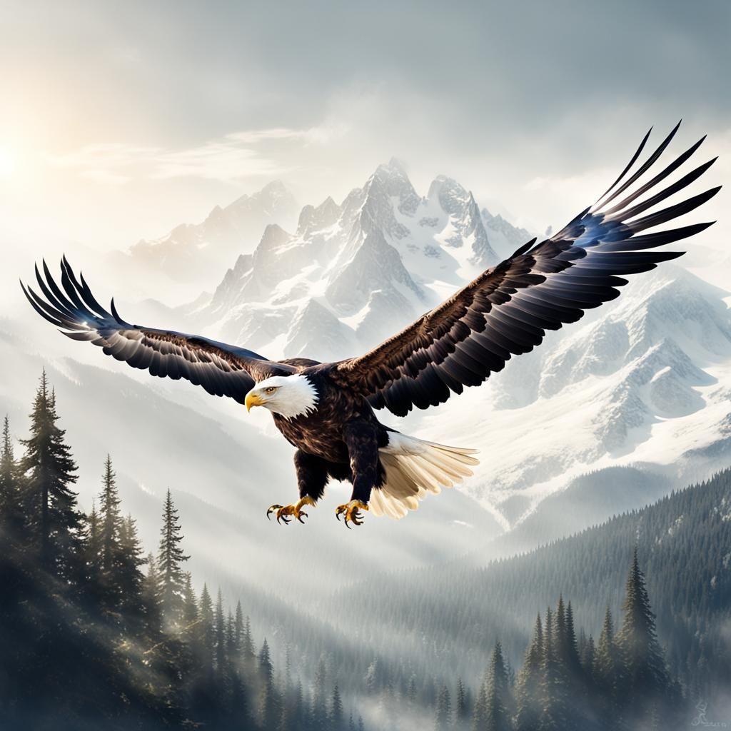Eagle in Flight Over Mountain Landscape