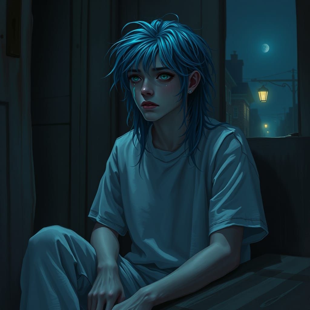 Melancholic Young Man in Dimly Lit Room