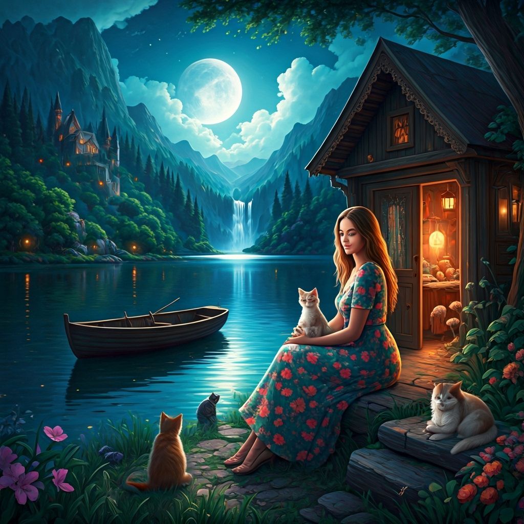 Enchanting Lakeside Scene with Woman, Animals, and Fairies