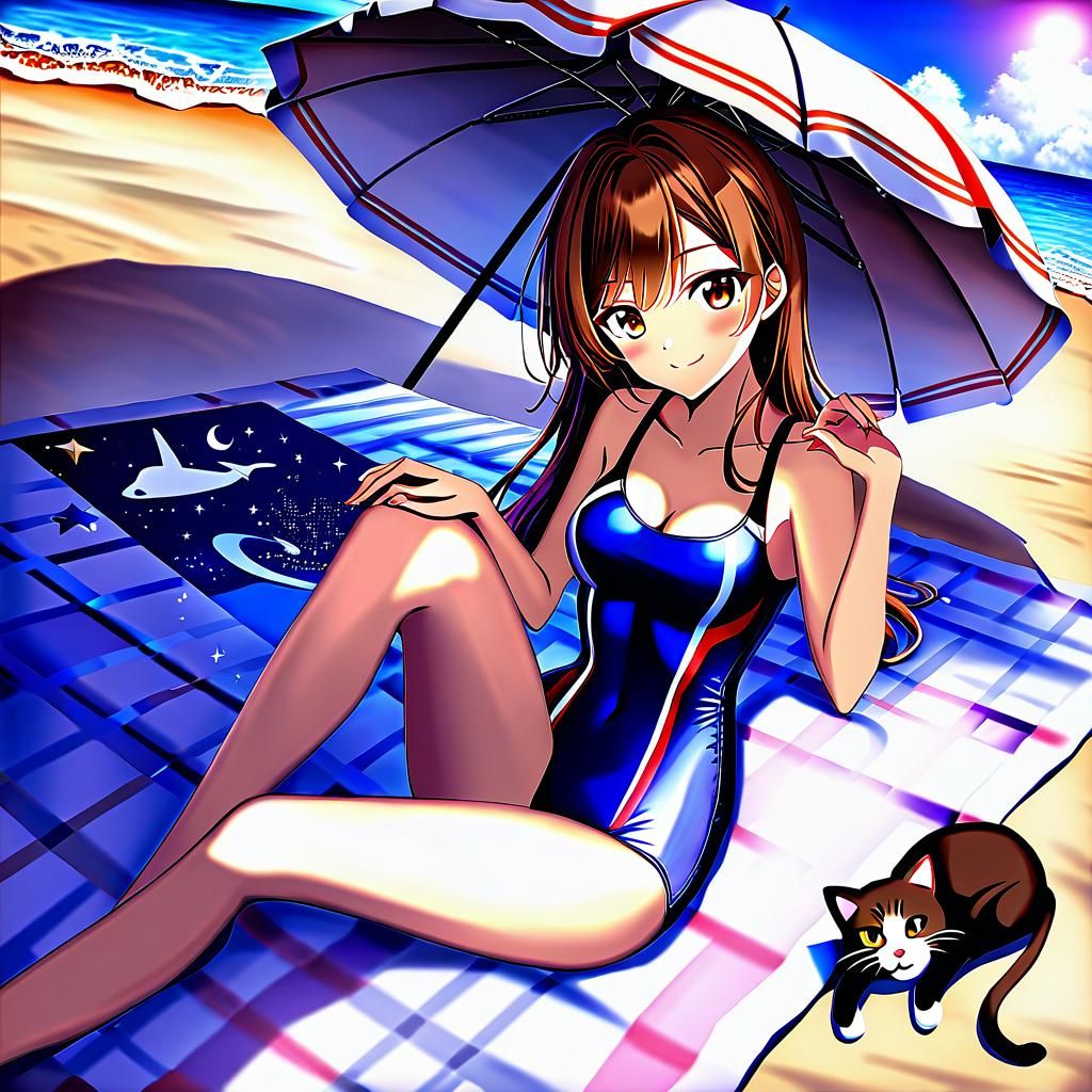 Anime Girl Relaxing on Beach with Cat
