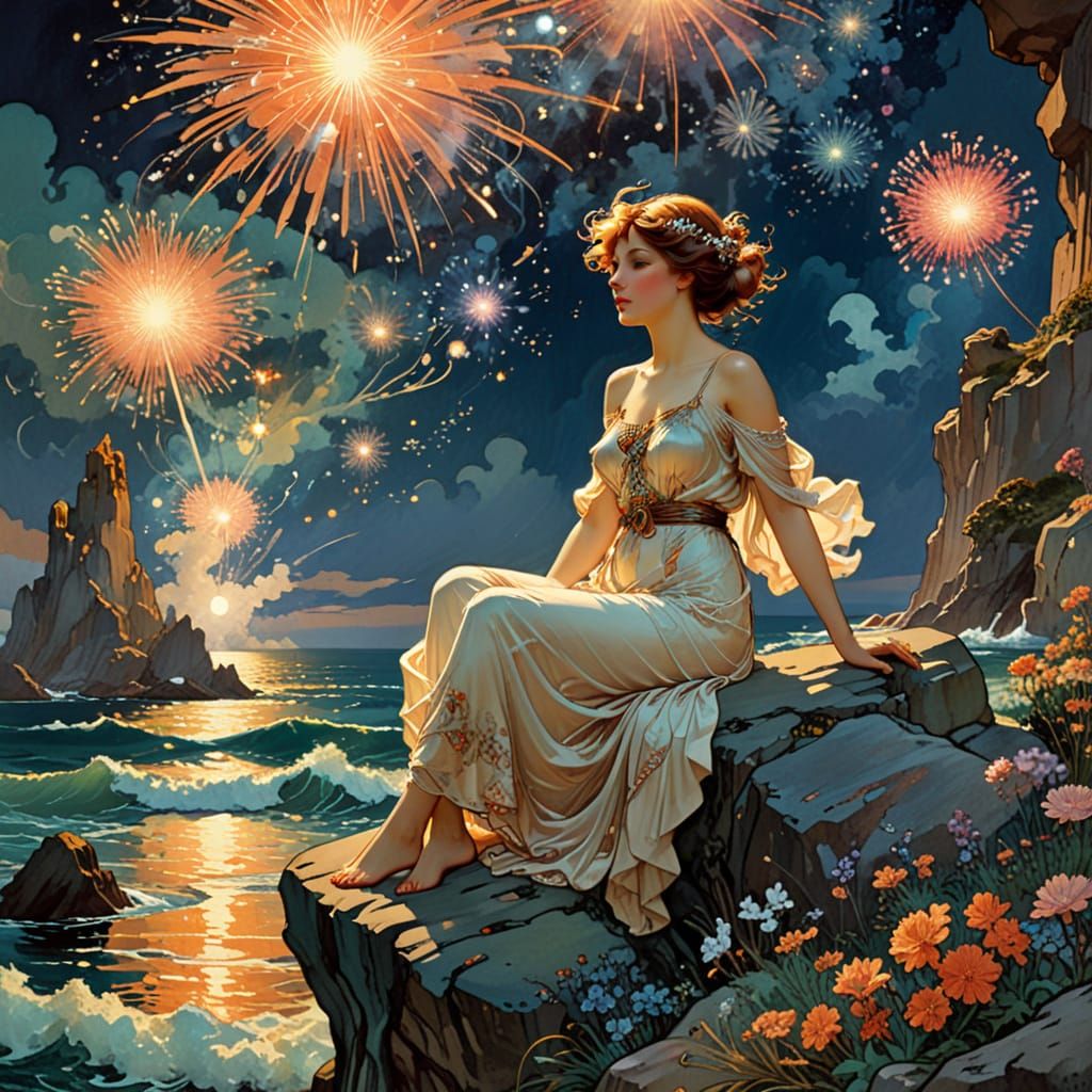 Surrealist Woman Basks in Evening Splendor Amidst Fireworks