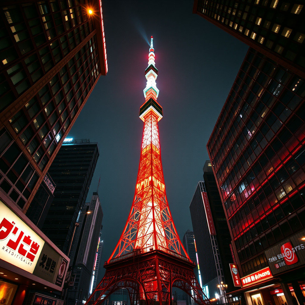 Tokyo Tower from Below in Fish-Eye View