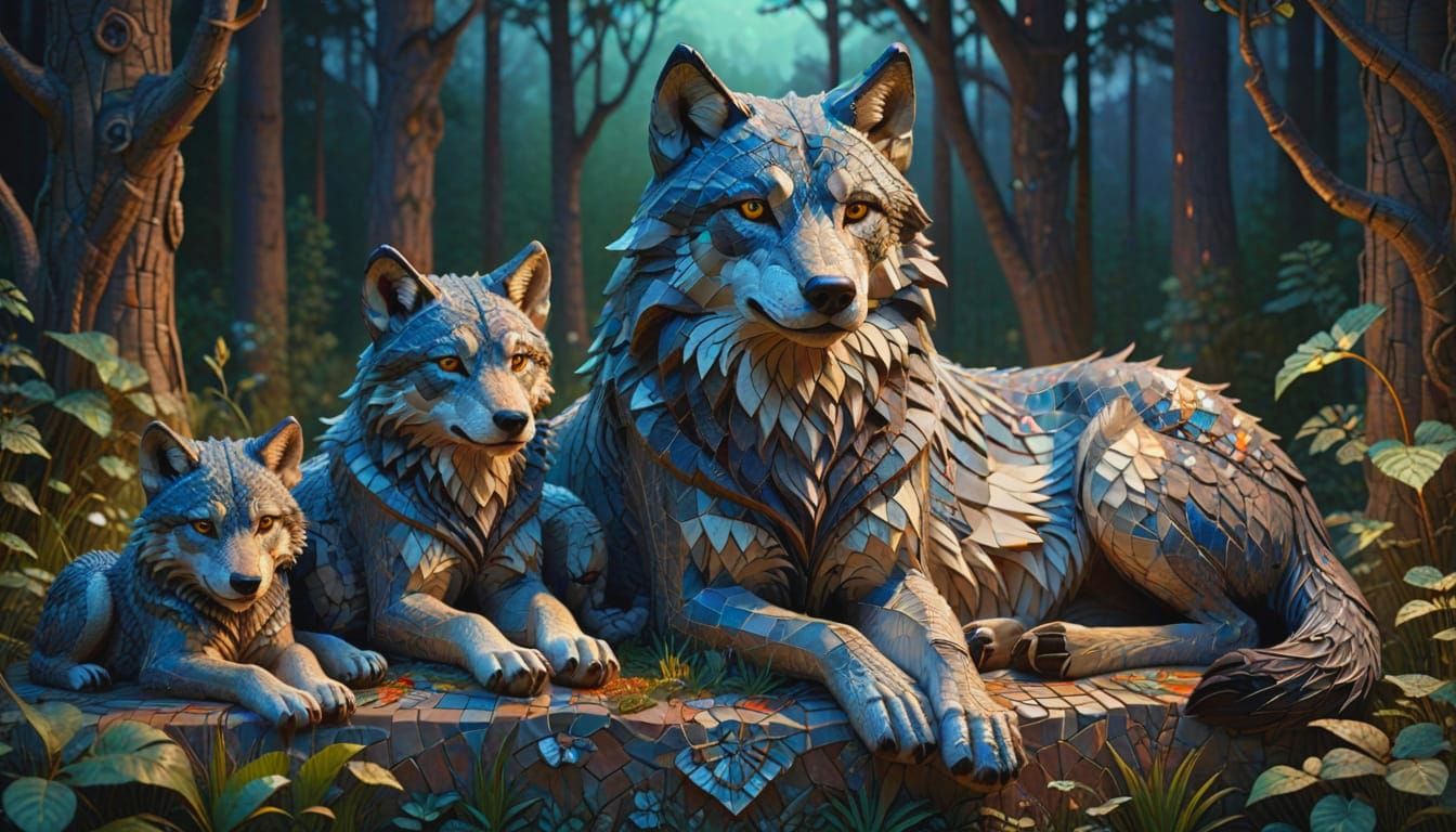 3D Wolf Family in Art Deco Nouveau Mosaic Style