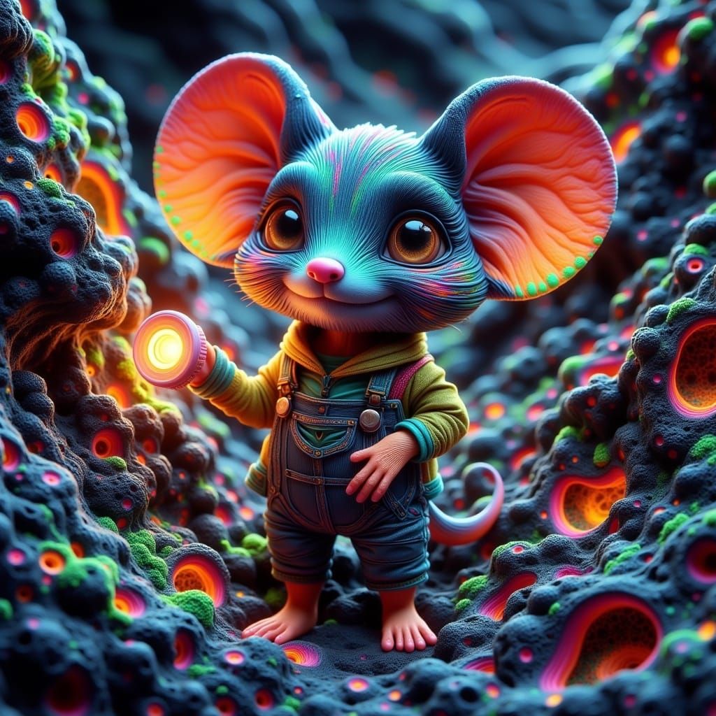 Whimsical Chibi Creature in Bismuth Fractal Landscape