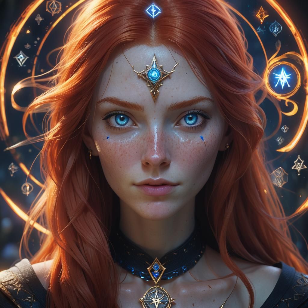Young Witch Portrait with Mystical Symbols in Digital Art