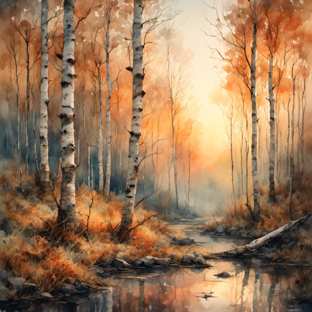 Birch Forest Sunrise in Antique Watercolor Style