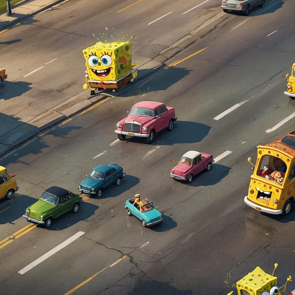 Hyperrealistic Spongebob Driving a Car: Splash Art