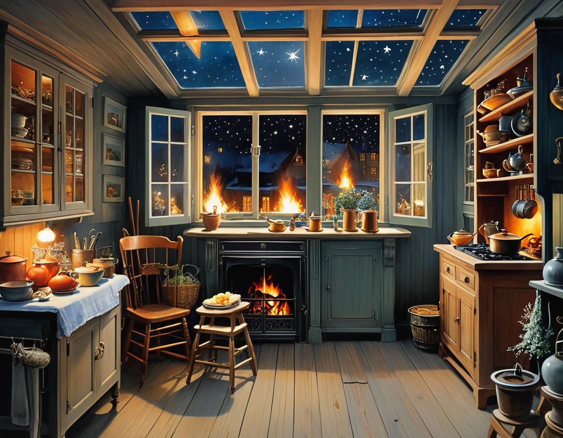 Cozy Kitchen Interior with Starry Night, Larsson Style