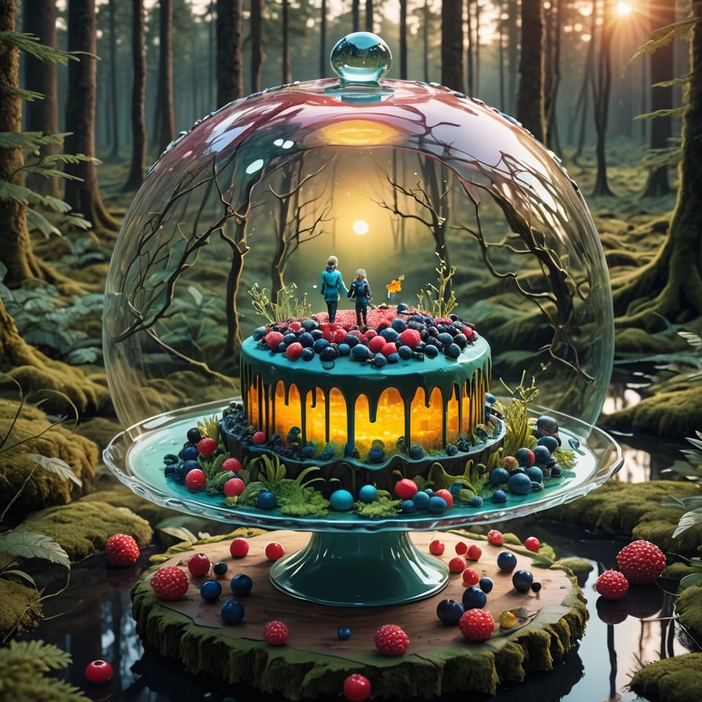 Scandinavian Forest Cake with Woman in Glass Bobble