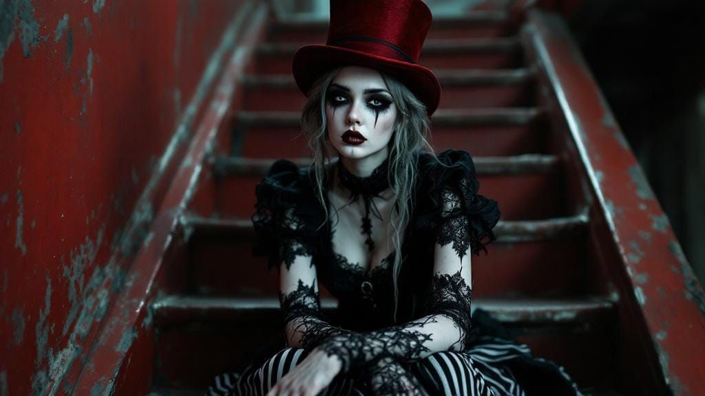 Gothic Victorian Woman on Red Staircase