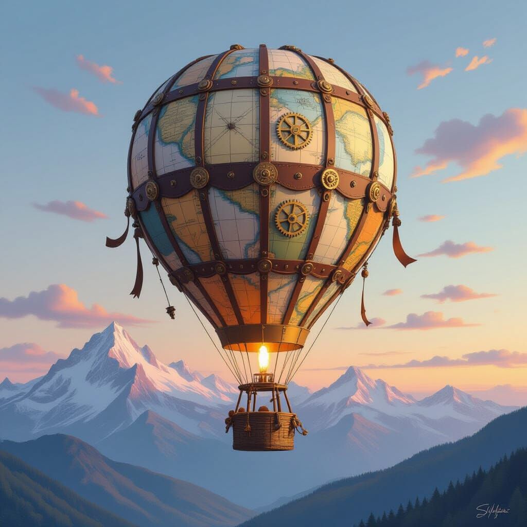 Steampunk Hot Air Balloon Over Mountain Twilight