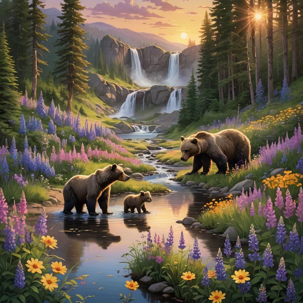 Fantasy Landscape with Waterfall, Bears and Deer
