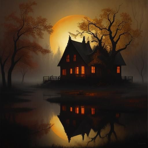 Eerie Ruined House by Black Pond in Rembrandt Style
