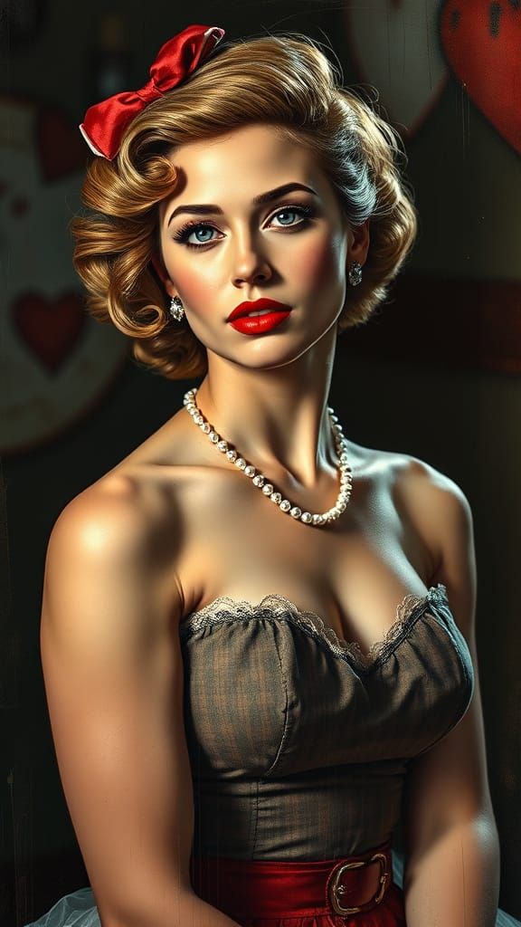 Sultry 1950s Pinup Girl in Vibrant Oil Painting Style