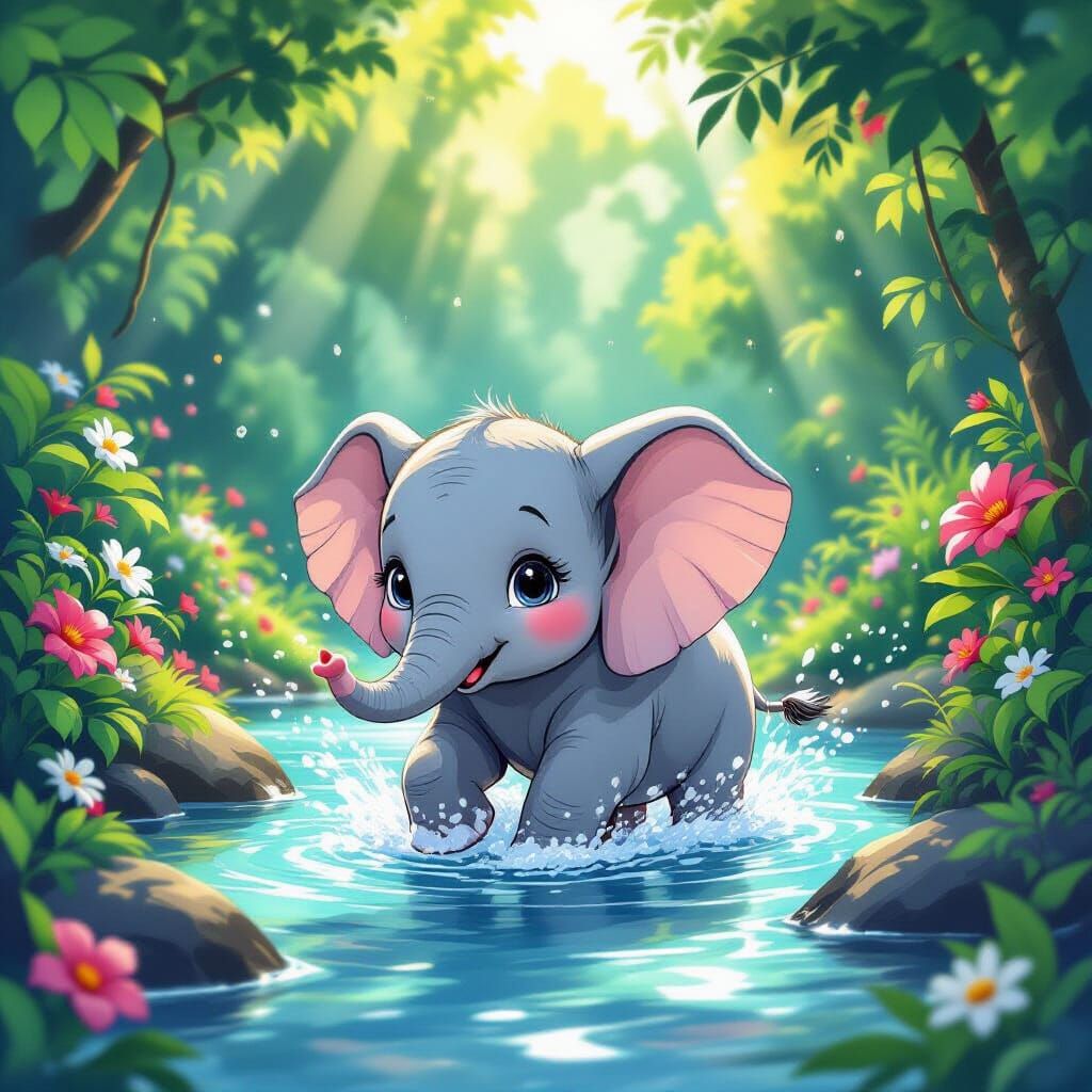 Baby Elephant Splashing in Jungle Stream, Cel-Shaded Style