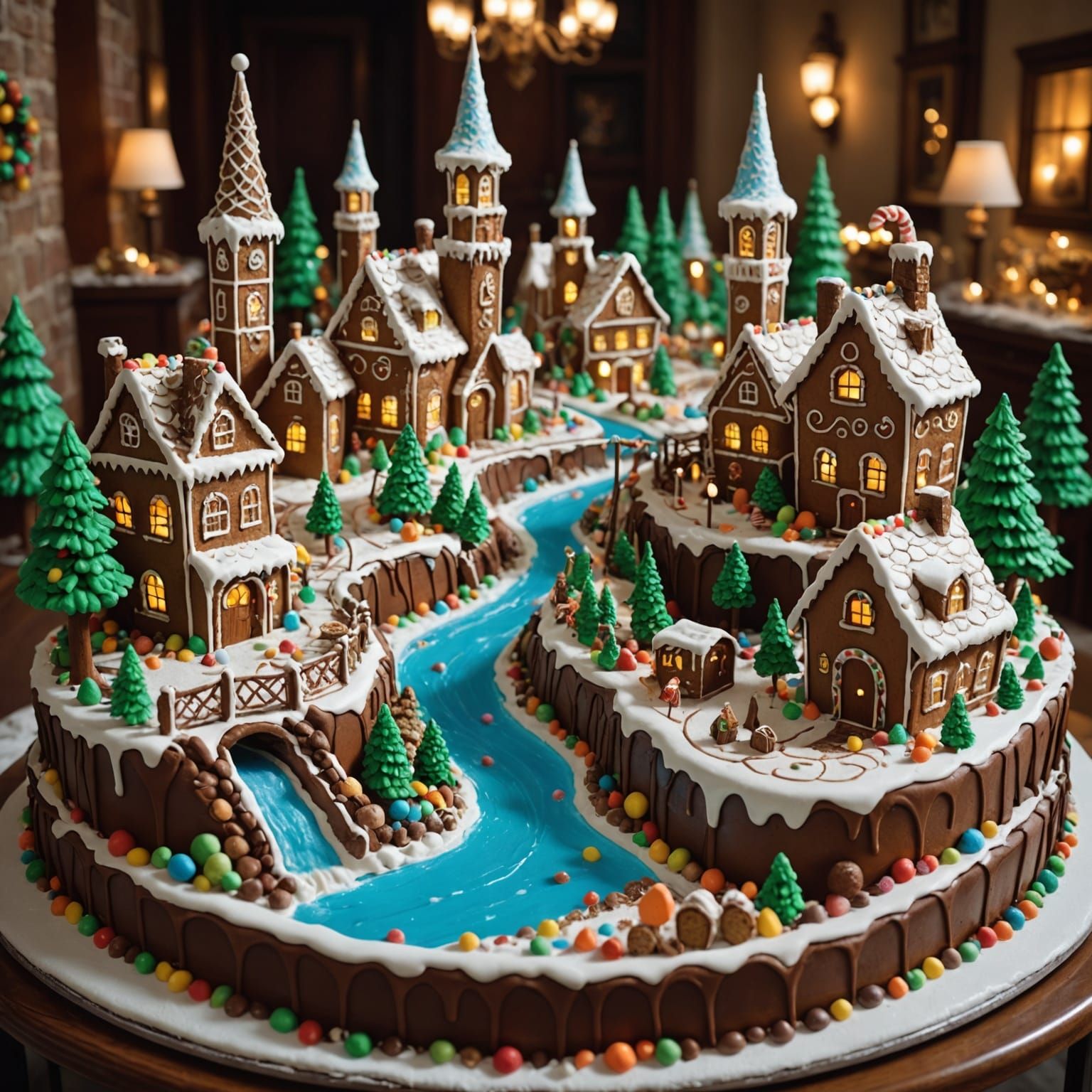 Gingerbread City with Lollipop Lampposts and Chocolate River