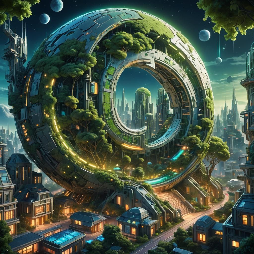 Verdant Futuristic Cityscape Inside Gigantic Moon