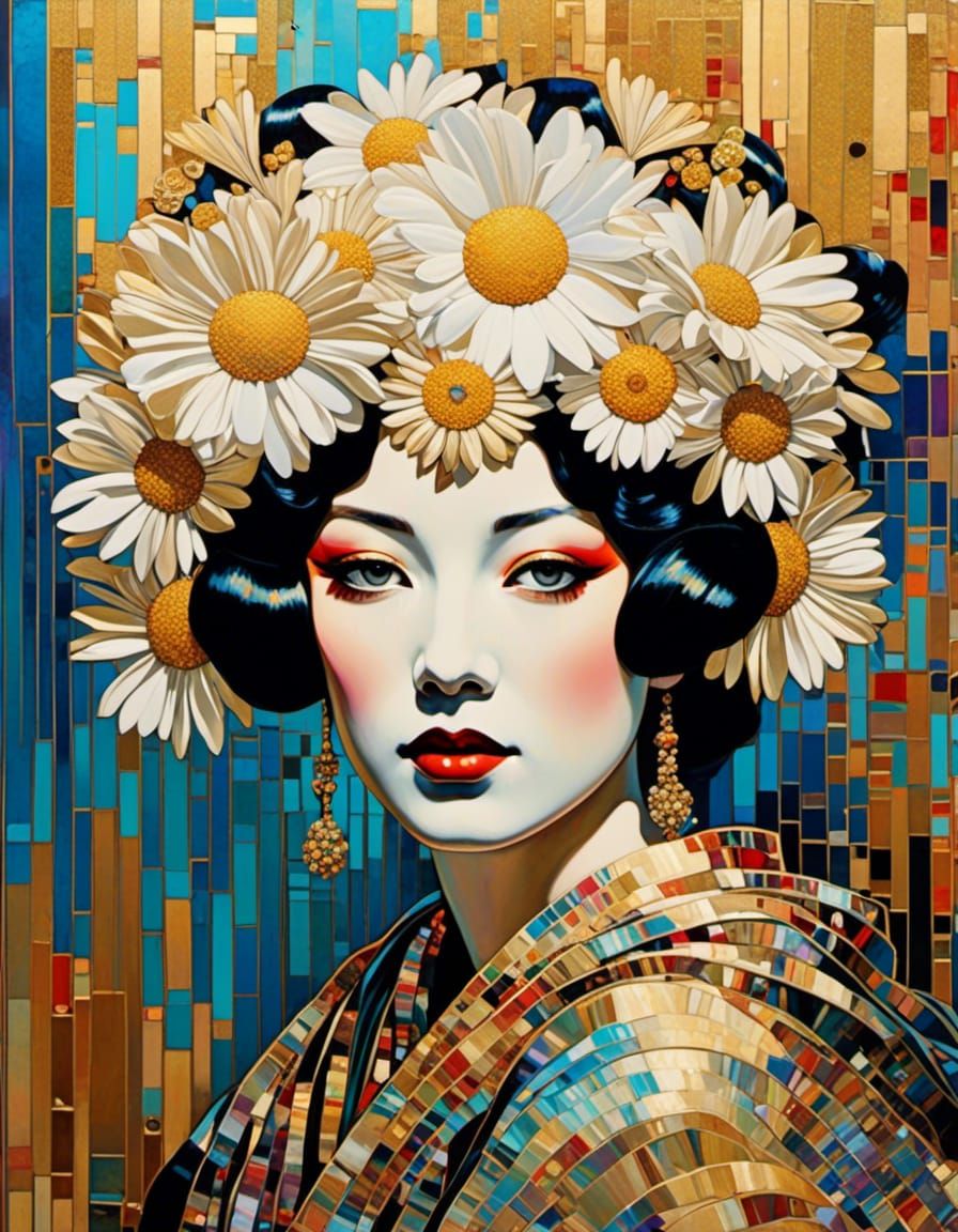 Geisha with Daisies Crown in Neo-Impressionist Style