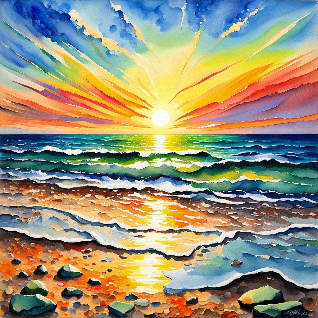 Gouache Beach Scene at Sunset in a Masterpiece of Impasto Ar...