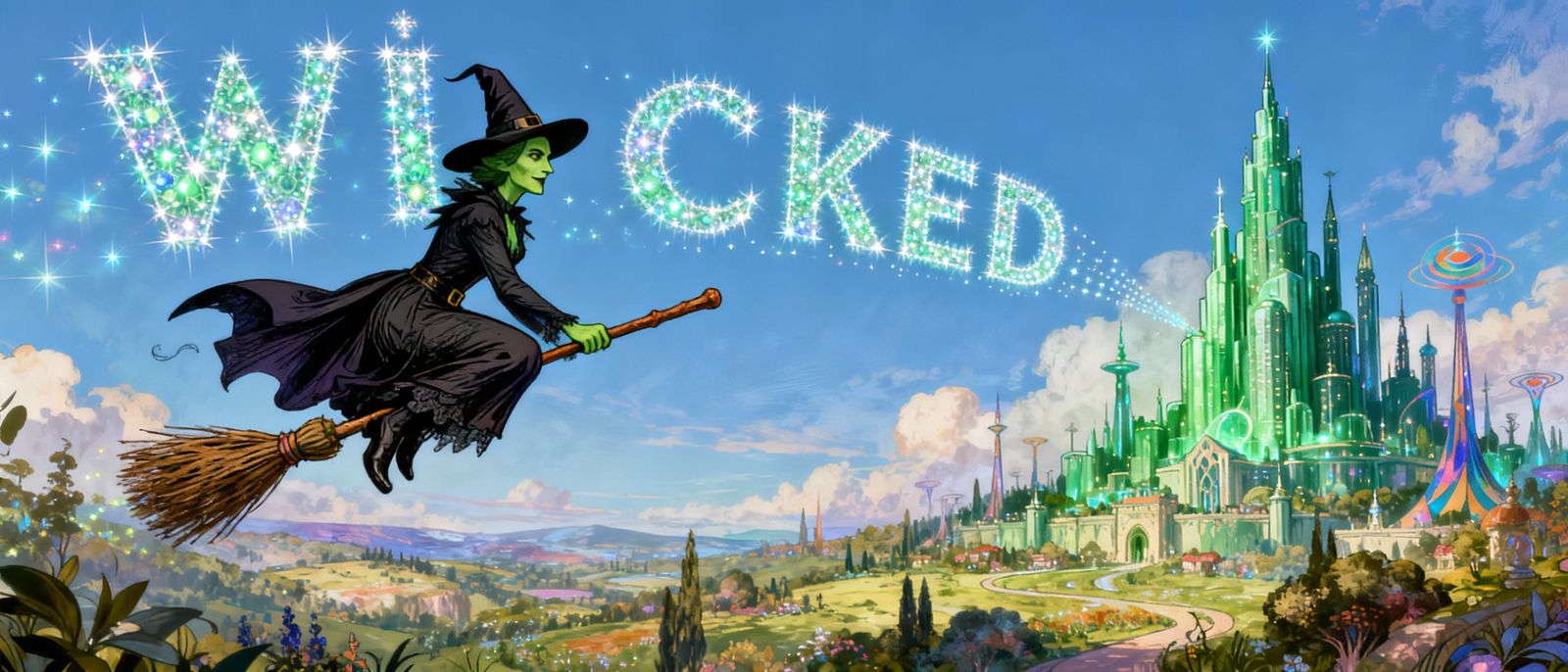 Wicked Witch Flies from Emerald City in Sparkling Sky