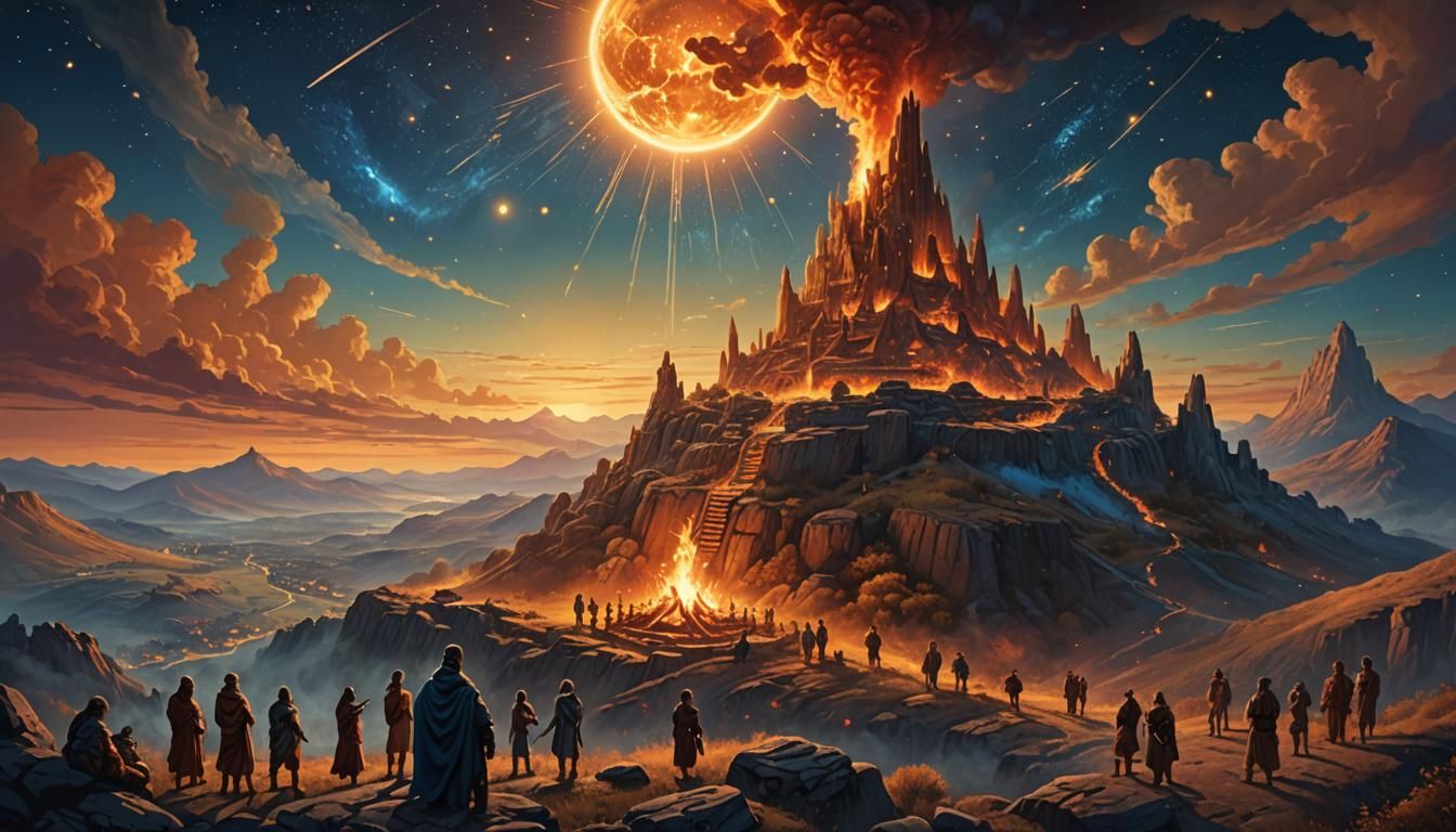 Ancient Hilltop Scene with Deity and Fire
