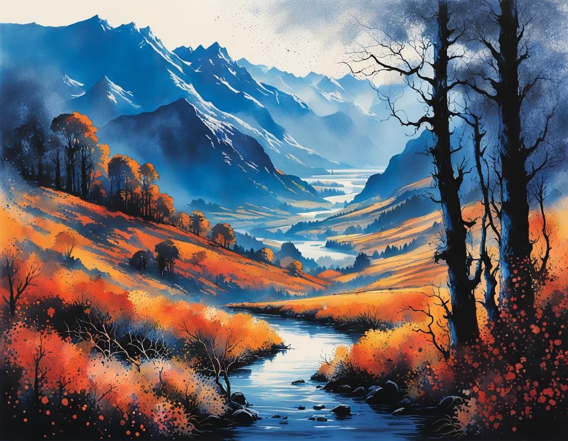 Autumn Morning Ink Drawing with Fog