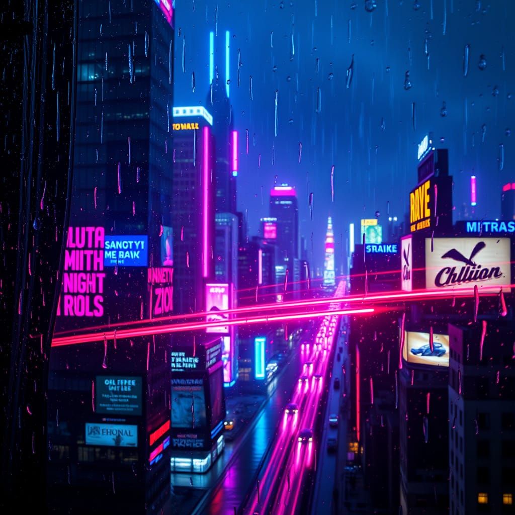 Rainy Cityscape at Night in Neon Hues, Cyberpunk Style