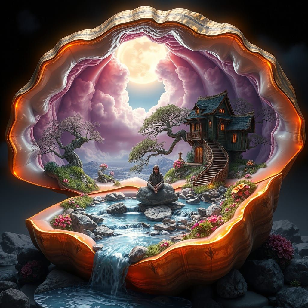 Surreal Scene within Glowing Crystal Geode Seashell with Fig...