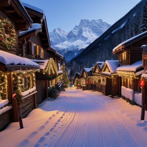 Christmas Lights in Alpine Village Scene