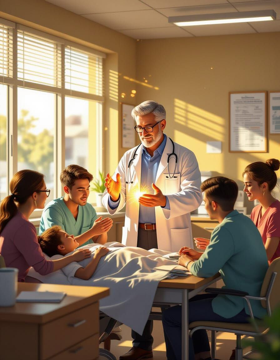 Wise Doctor Heals Patients in Sunlit Clinic Concept Art